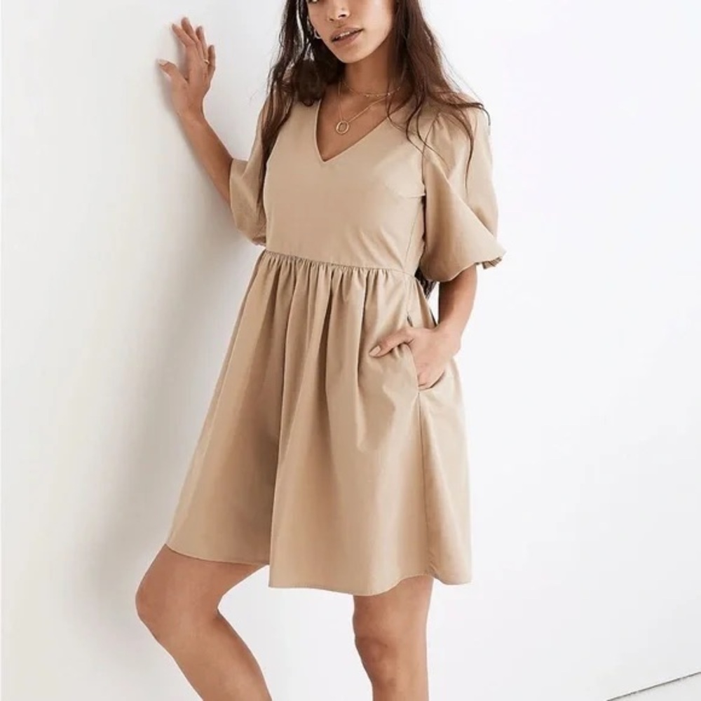 Madewell Poplin V-Neck Bubble-Sleeve Mini Dress